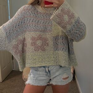 Pastel Floral Patchwork Cropped Knit Sweater - Women